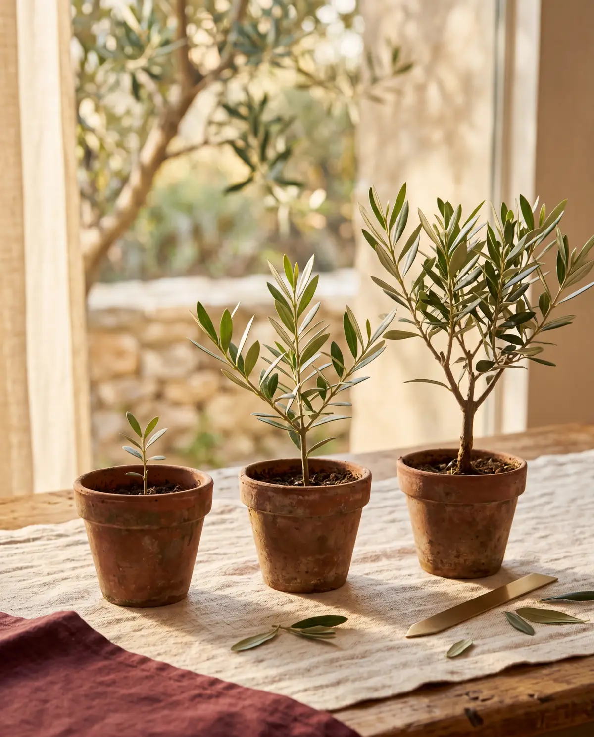 Three weathered terracotta pots in a row on cream linen in warm golden-hour light, each holding an olive plant at a different stage of growth.